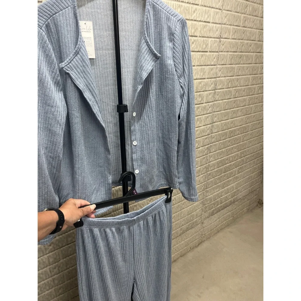 Cupshe Blue Ribbed Knit 2 Piece Lounge Set Cardigan and Wide Leg Pants XL NEW